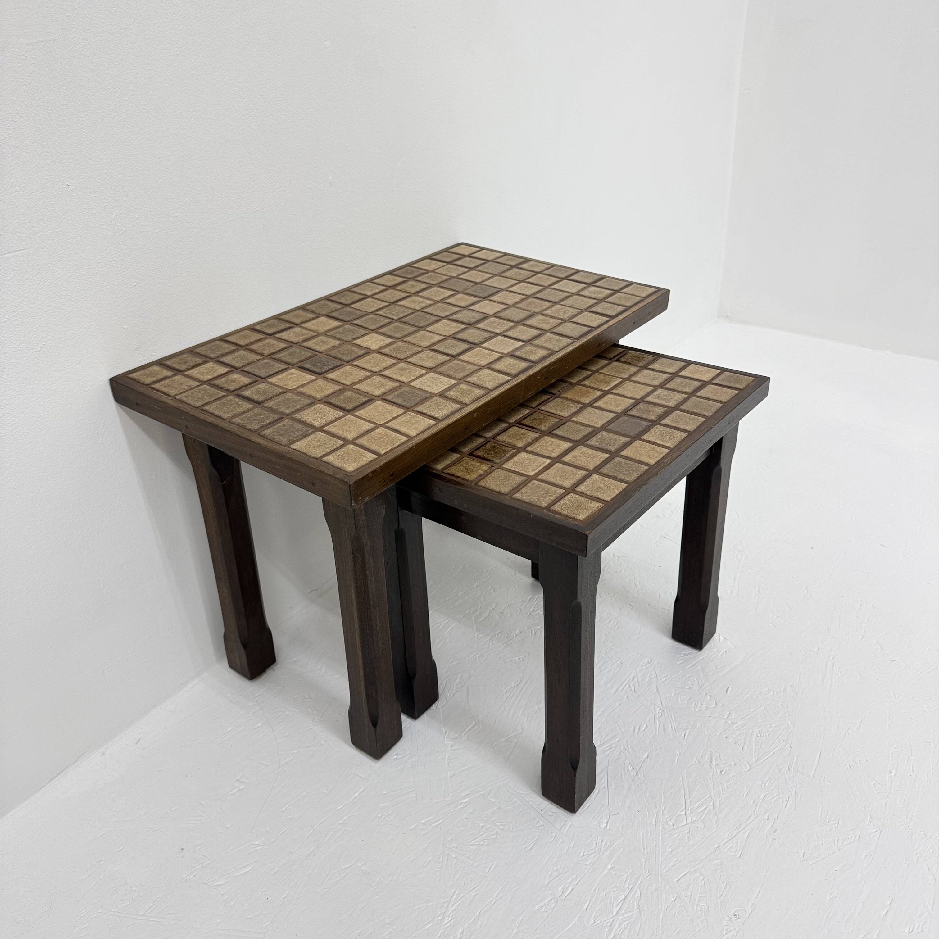 Set of 2 brutalist side tables solid oak wood with tile top , 1970s