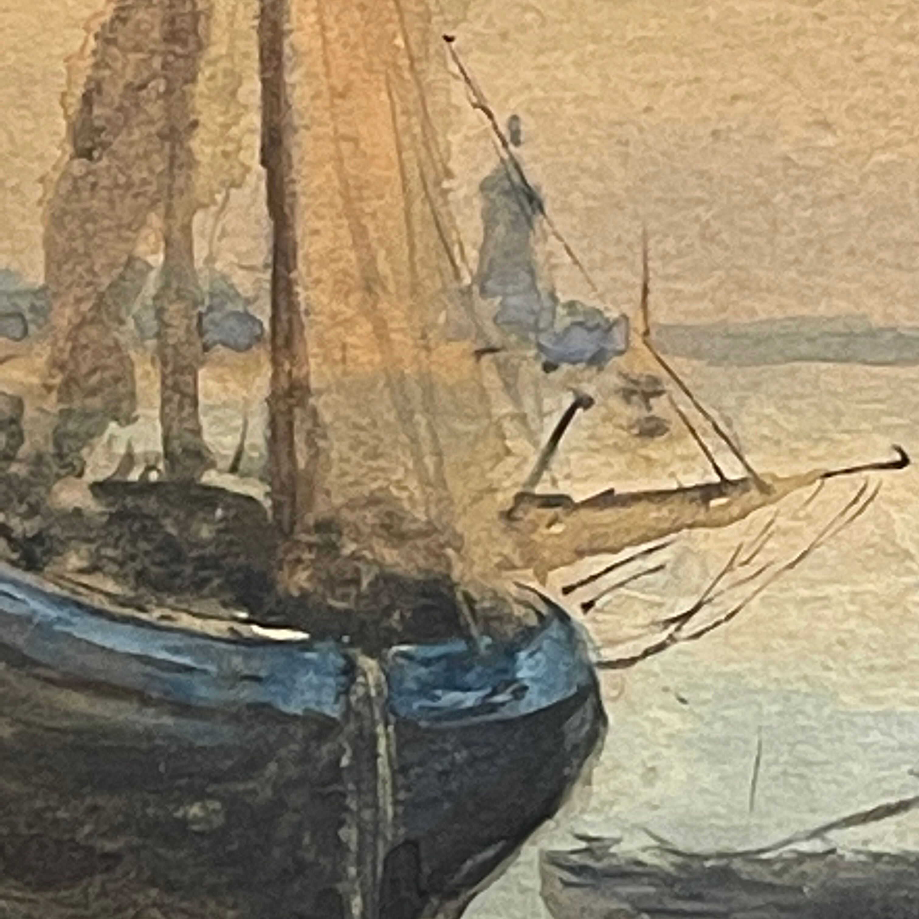 " Boats stranded at low tide " by A. Semlinck, Aquarelle Marine, Bateaux Voiliers, ca 1910