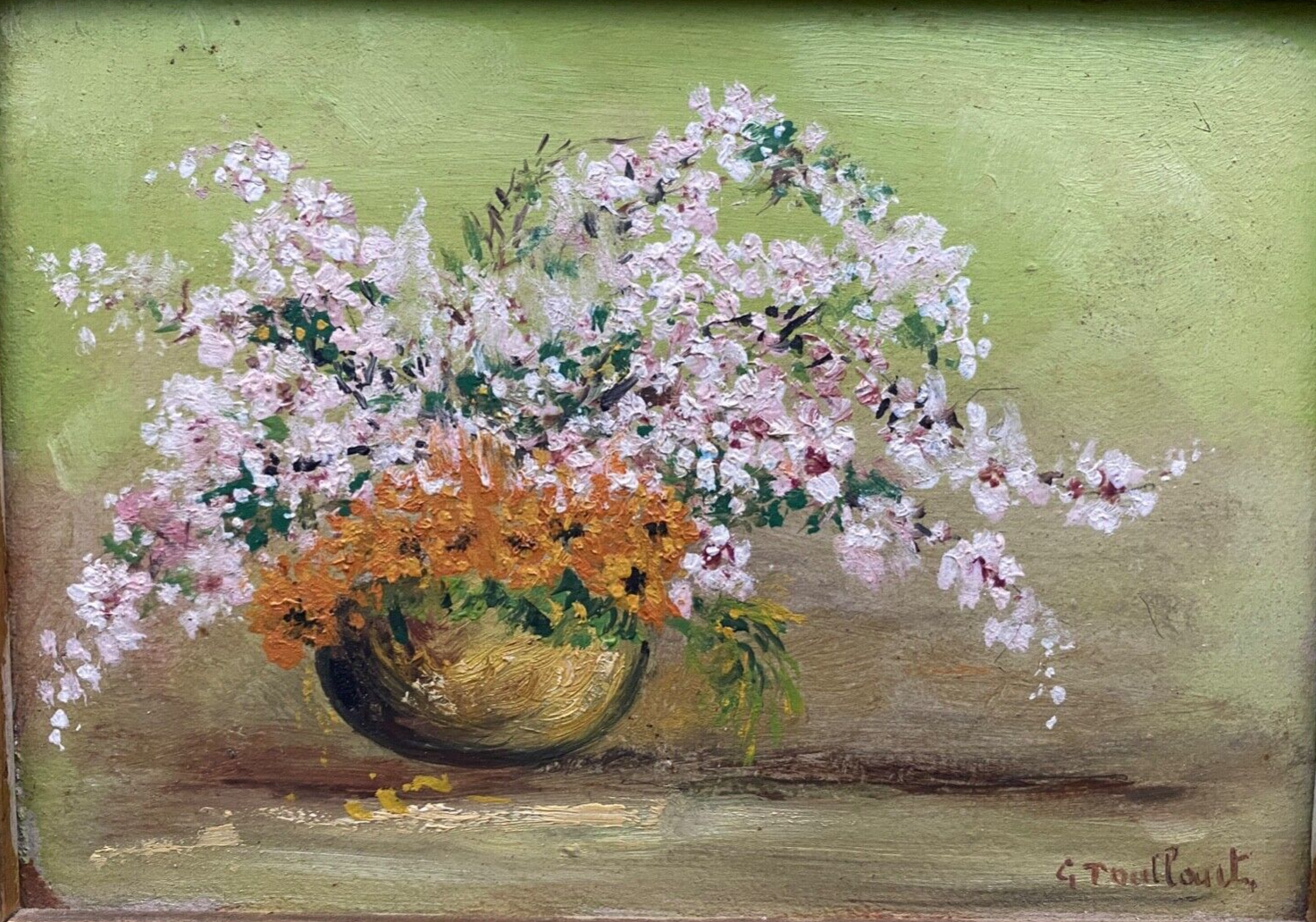 Oil on cardboard Still life by G. Toullourt XXth Bouquet of flowers