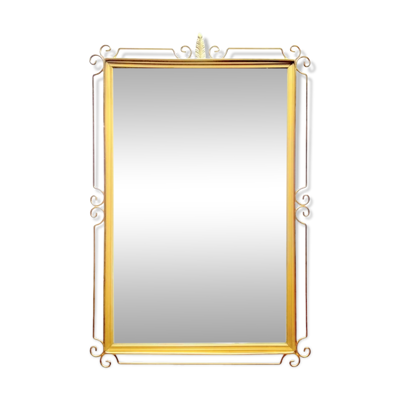 Miroir mural Hollywood Regency en laiton doré - 70 x 46 cm