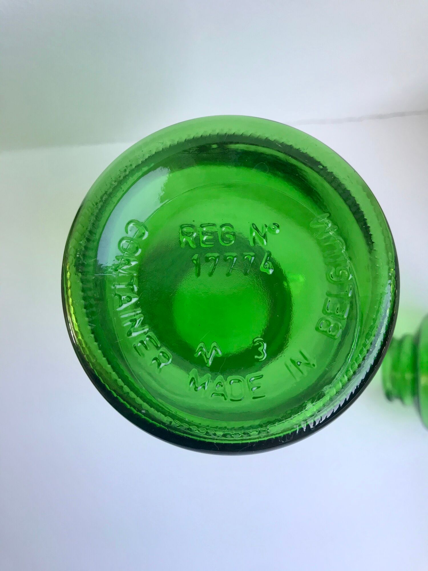 Green glass apothecary decanter made in belgium 70s