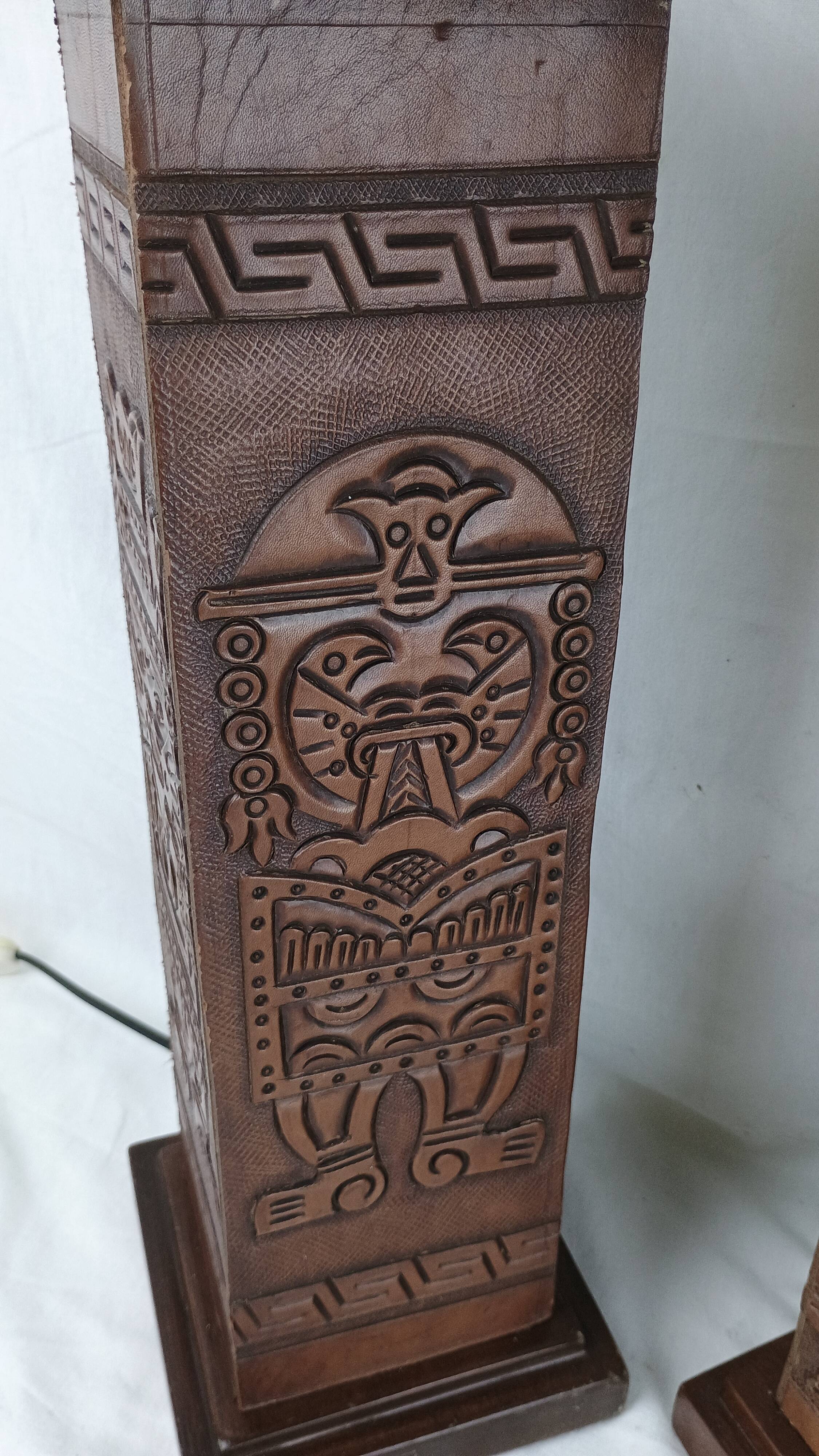 Pair of Kaiser Leuchten Totem Lamps in Vintage Aztec Inca or Mayan Leather