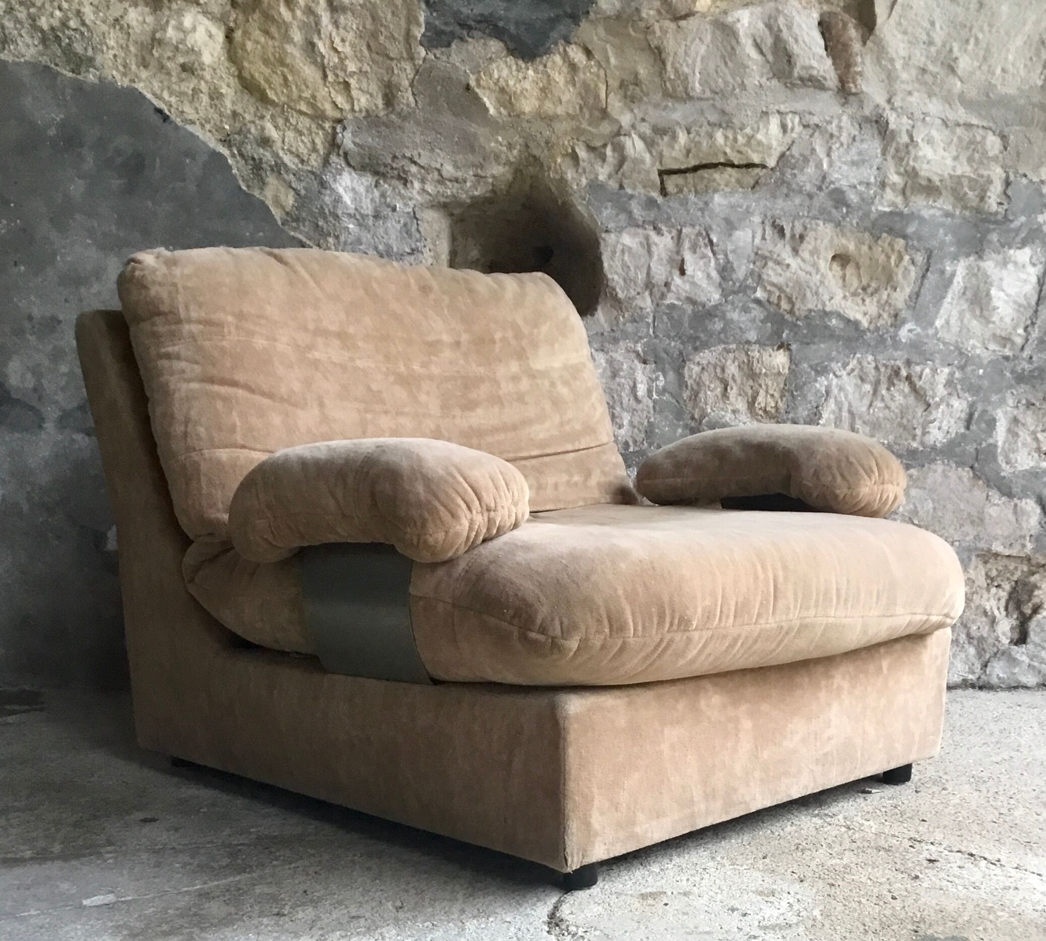 Space age armchair in velvet beigen armrests stainless steel 1970