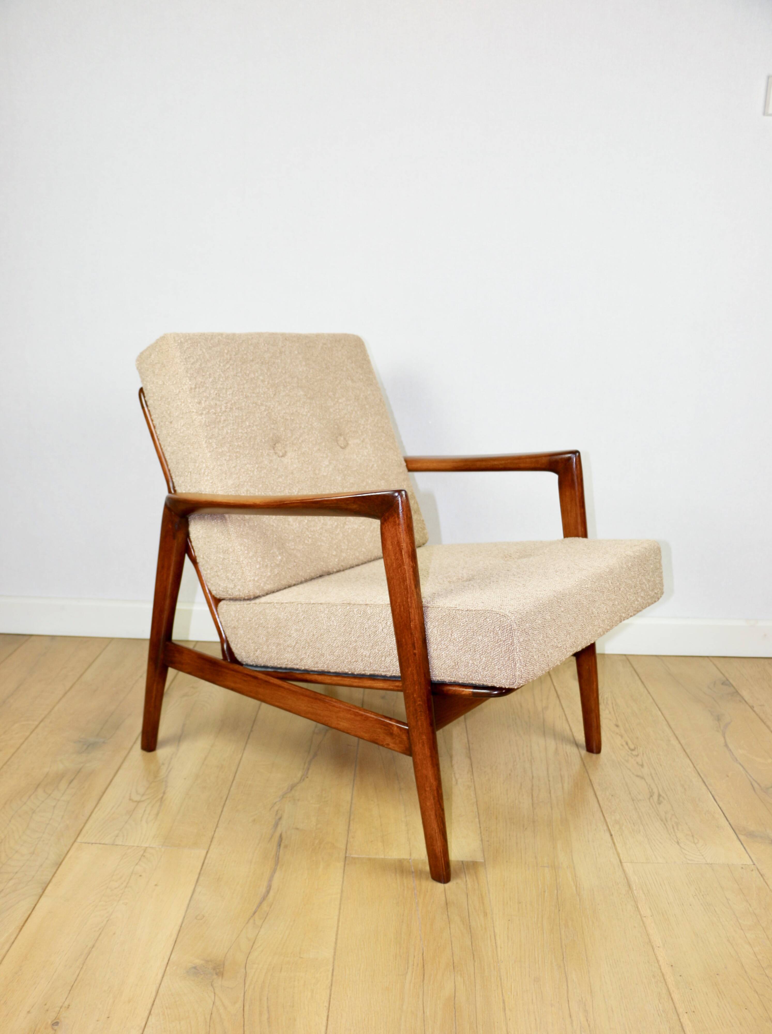 PRL armchair "Stefan" oak wood vintage beige - gold boucle - 3 pieces available