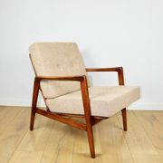PRL armchair "Stefan" oak wood vintage beige - gold boucle - 3 pieces available