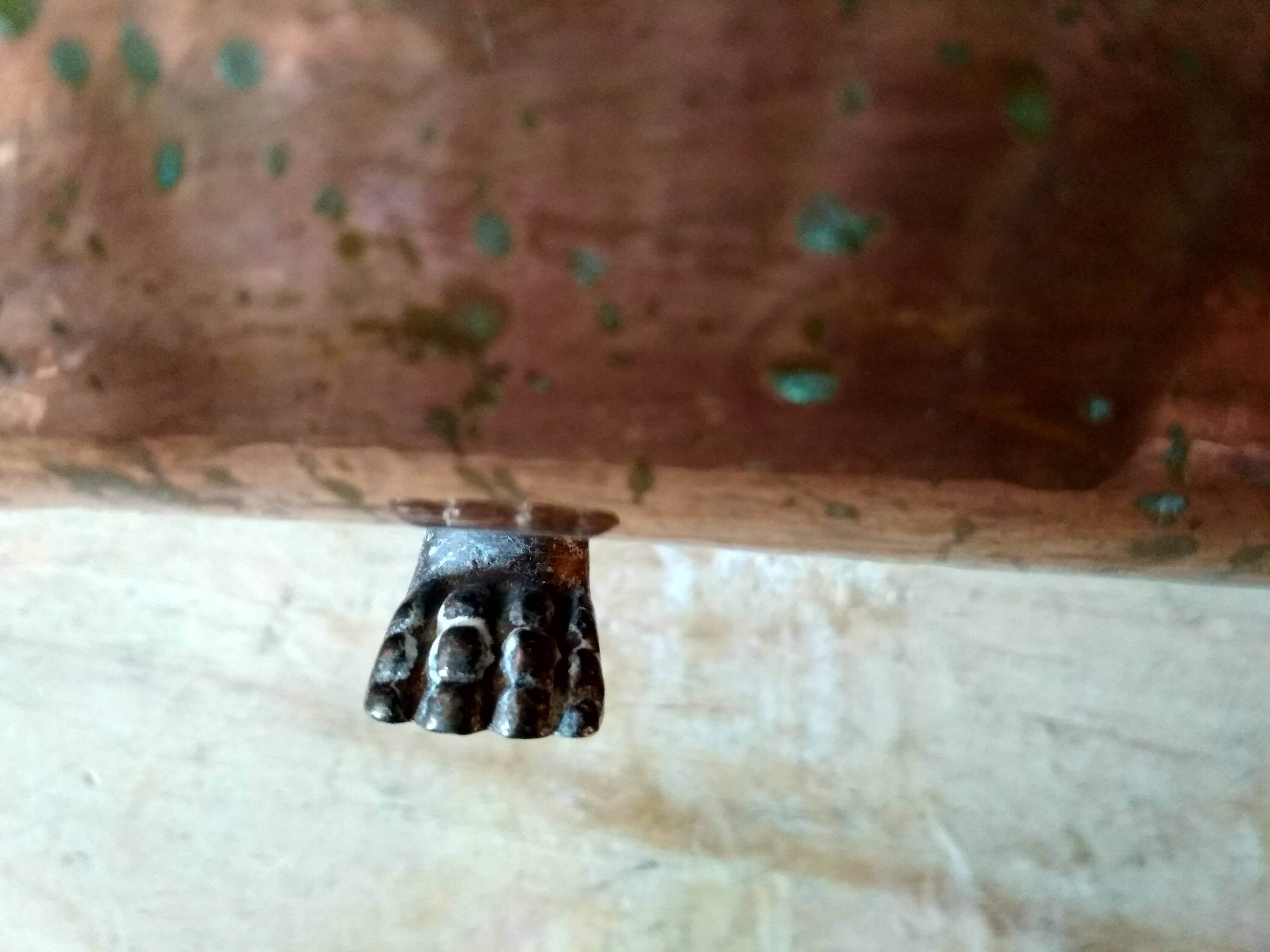 Large brass and copper planter, tray on 4 lion paw feet