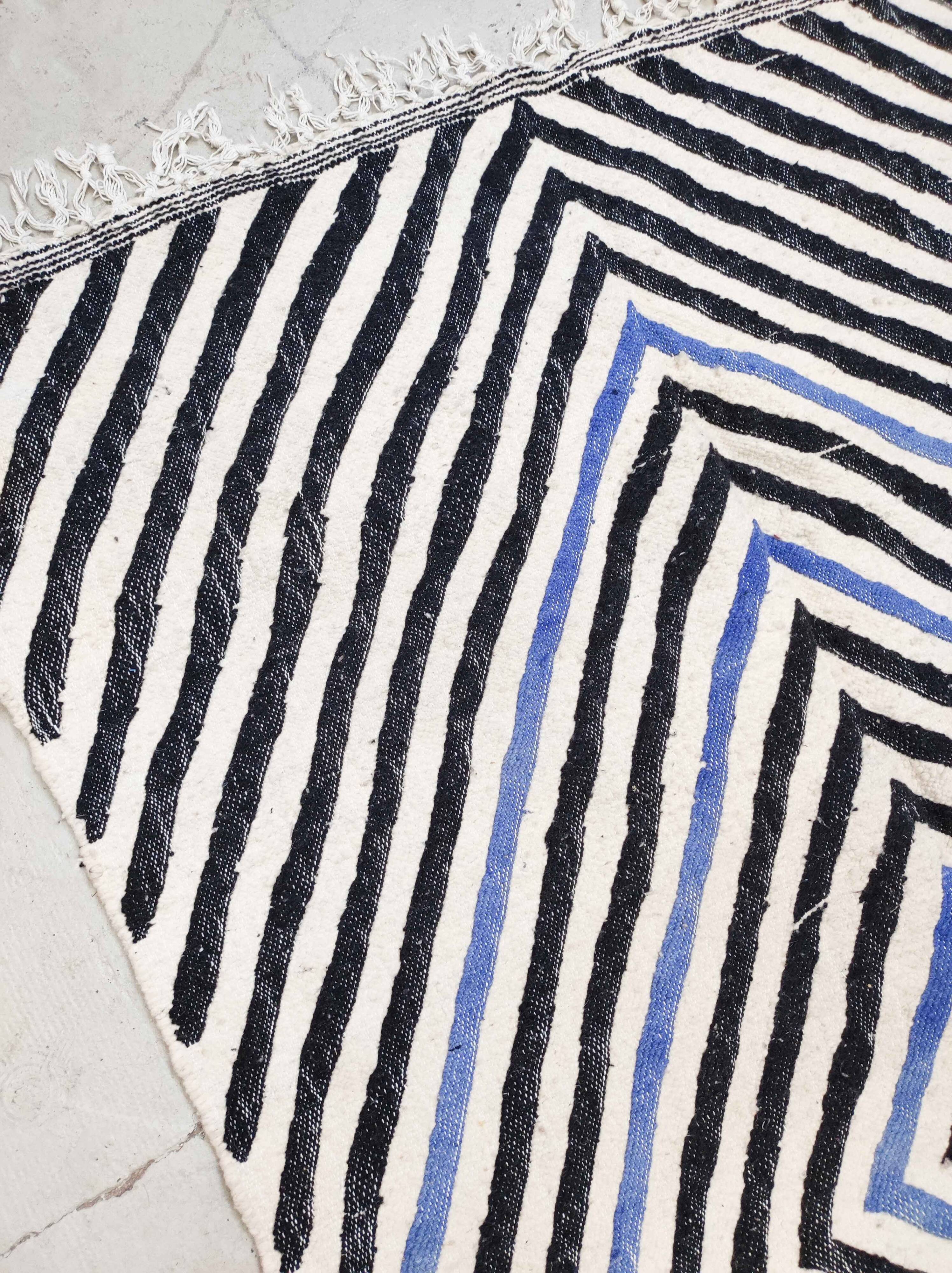 Moroccan Berber kilim blue, black and ecru 2.45x1.43m