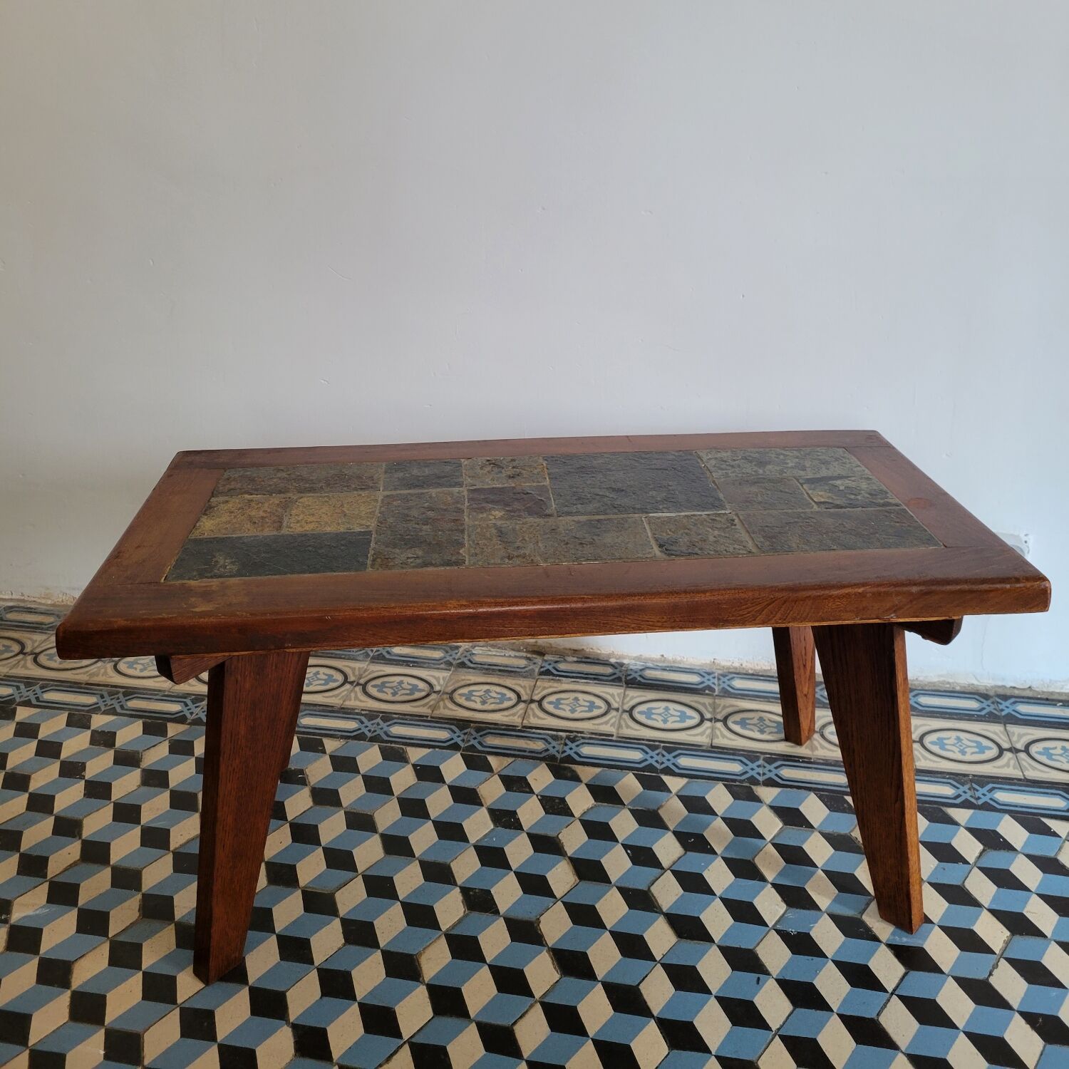 Brutalist coffee table wood and slate