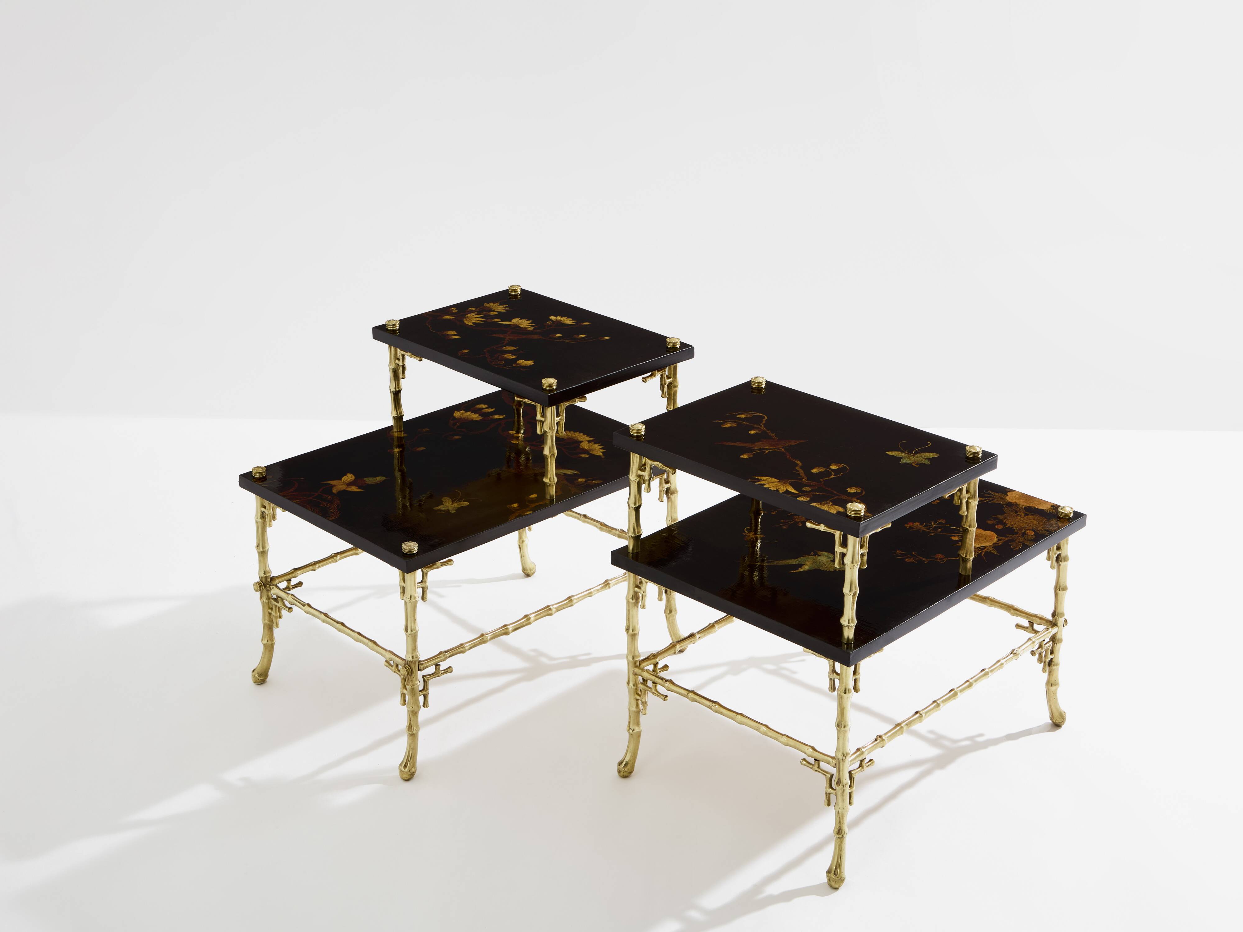 Bamboo bronze lacquered Chinese side tables Maison Baguès 1940