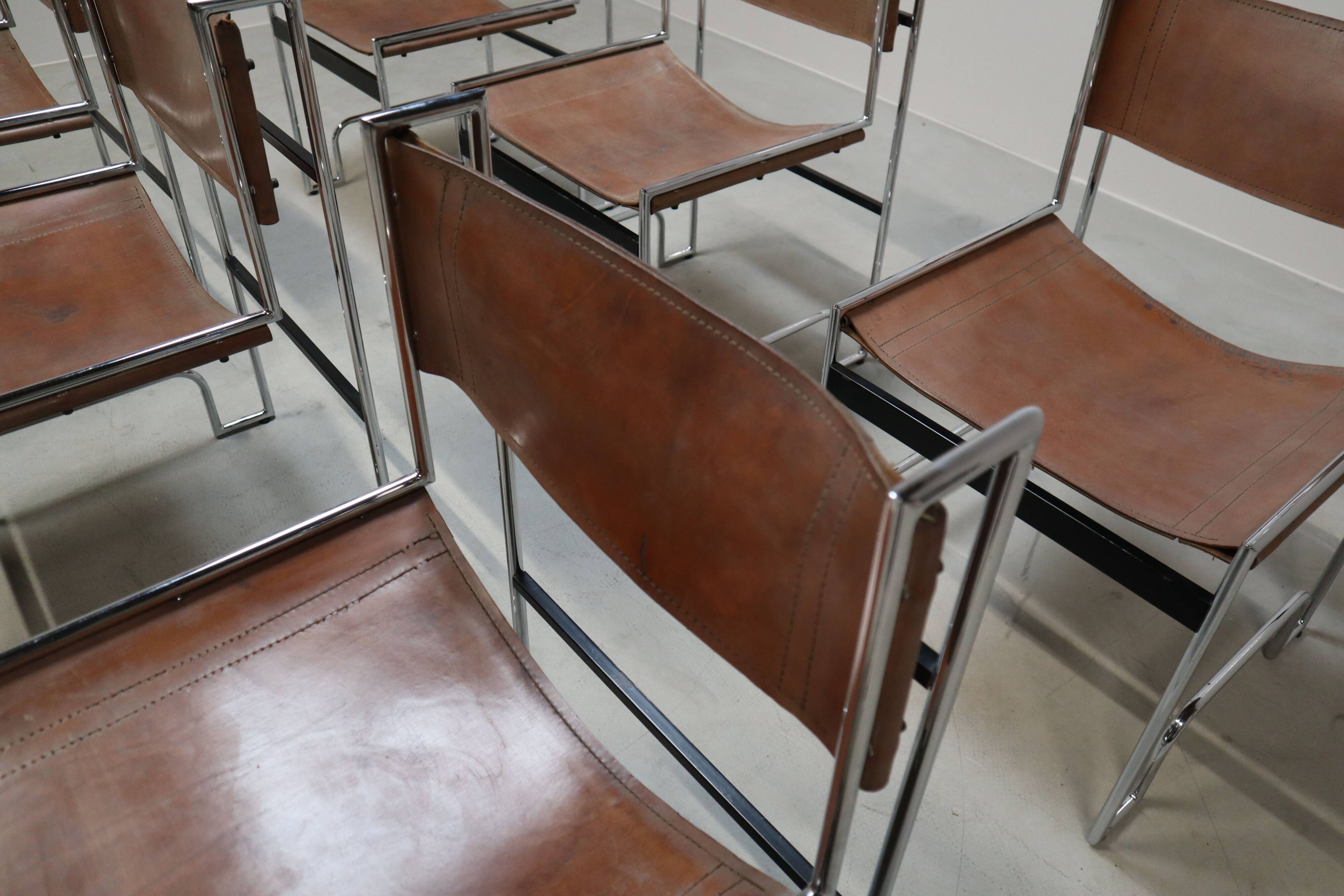 Set of 6 modernist chrome and leather dining chairs, 1970's