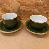 Pair of antique pillivuyt green & gold porcelain vintage cups