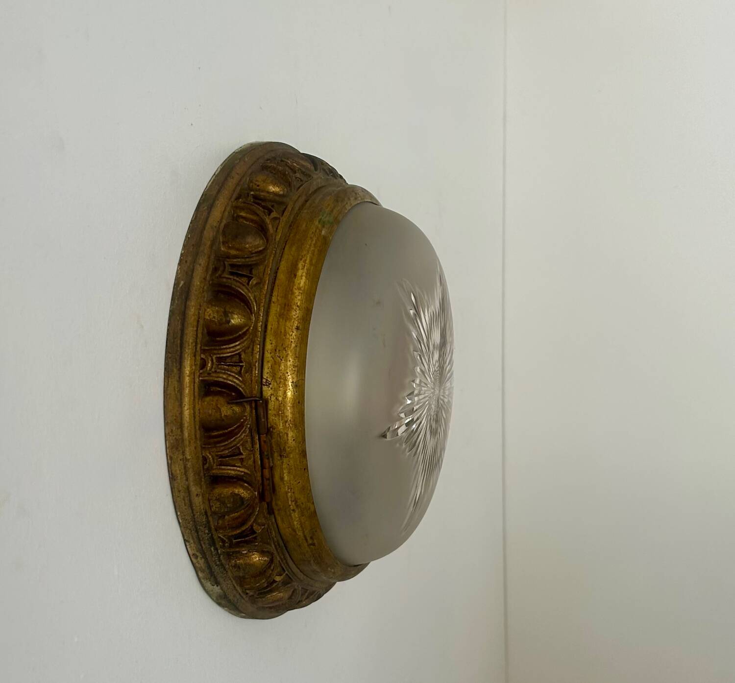 Vintage brass and sandblasted glass wall lamp, France 1940