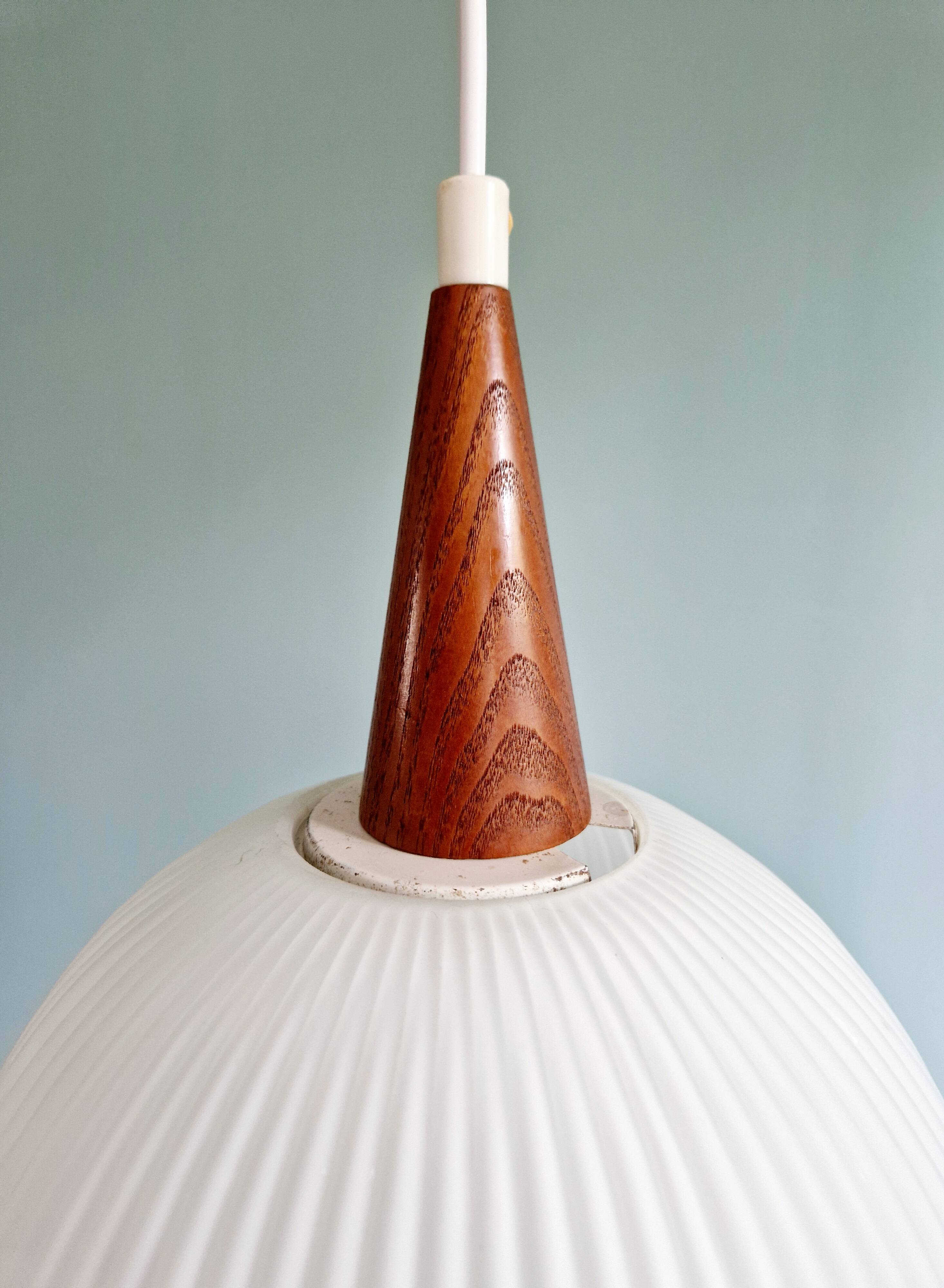 Scandinavian teak and white satin glass pendant light, 1960s