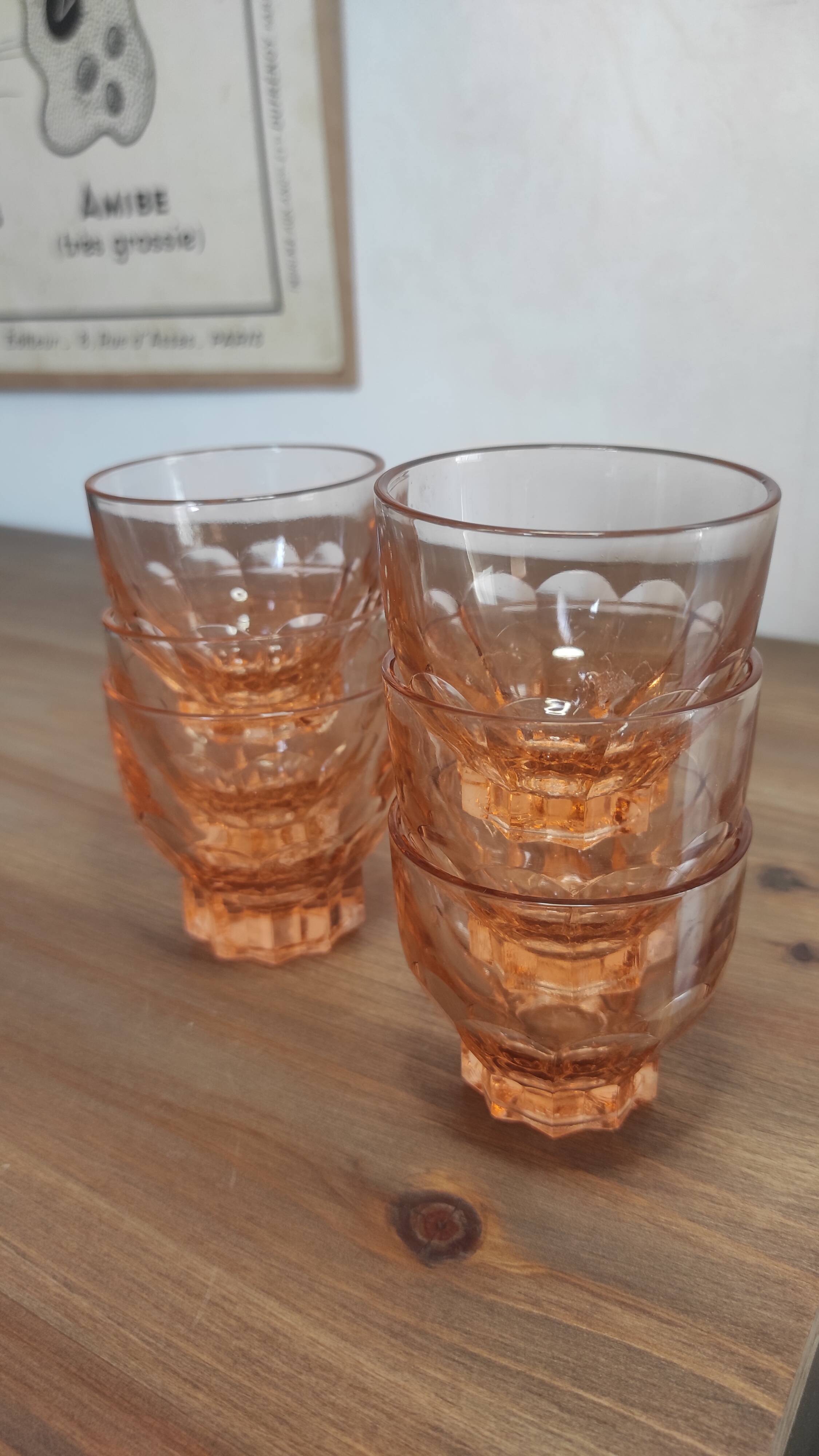 Set of 6 vintage Rosaline liqueur glasses in translucent pink glass