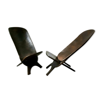 Pair of vintage raw wood African armchairs