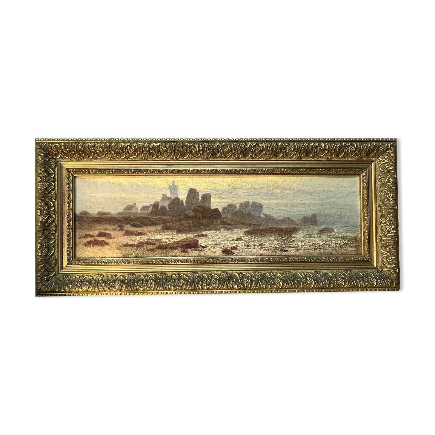 A. Laemmermann, oil painting on cardboard depicting a rocky landscape.