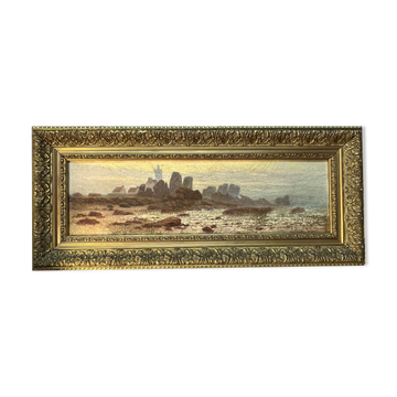 A. Laemmermann, oil painting on cardboard depicting a rocky landscape.