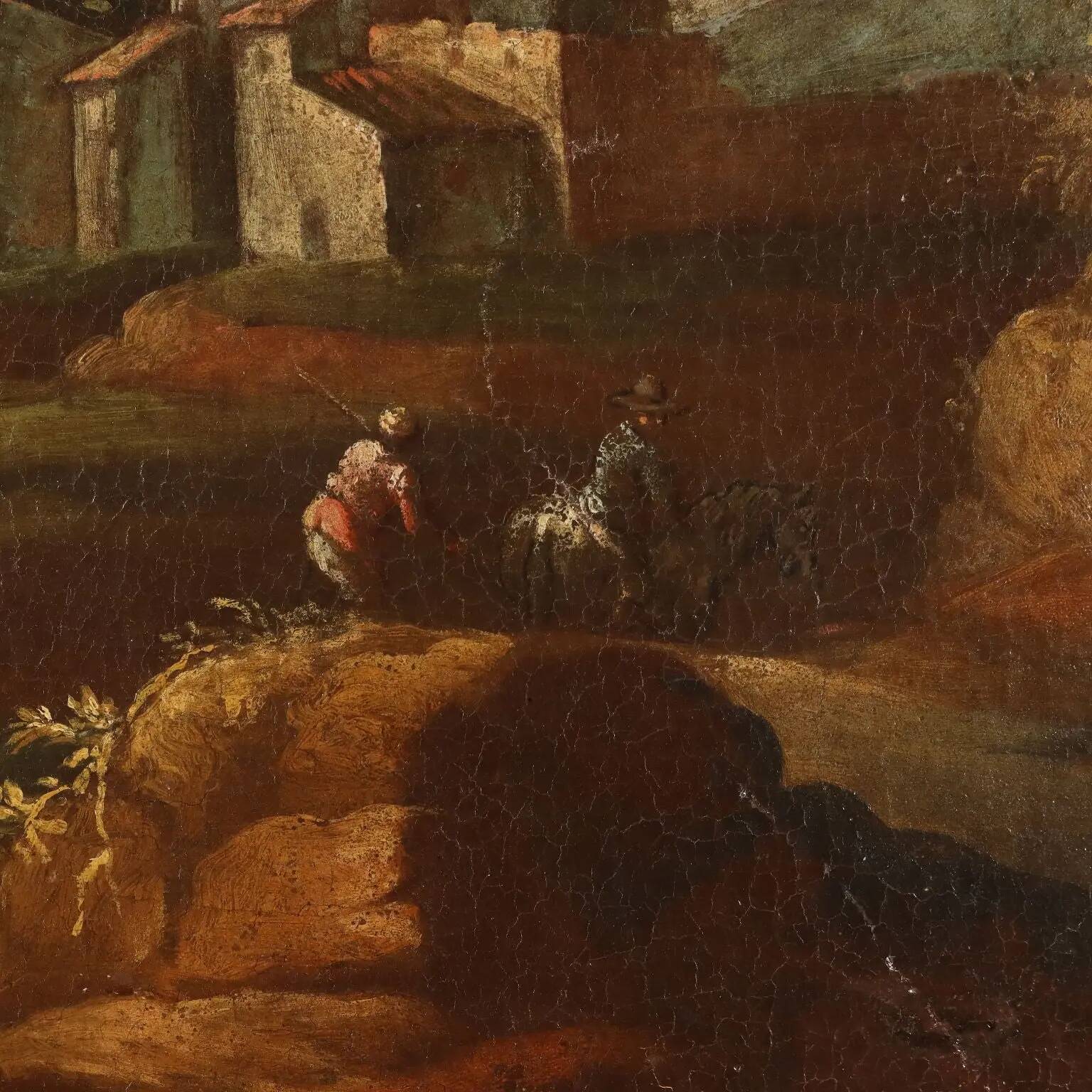 Old painting landscape with figures, oil on canvas, 18th century