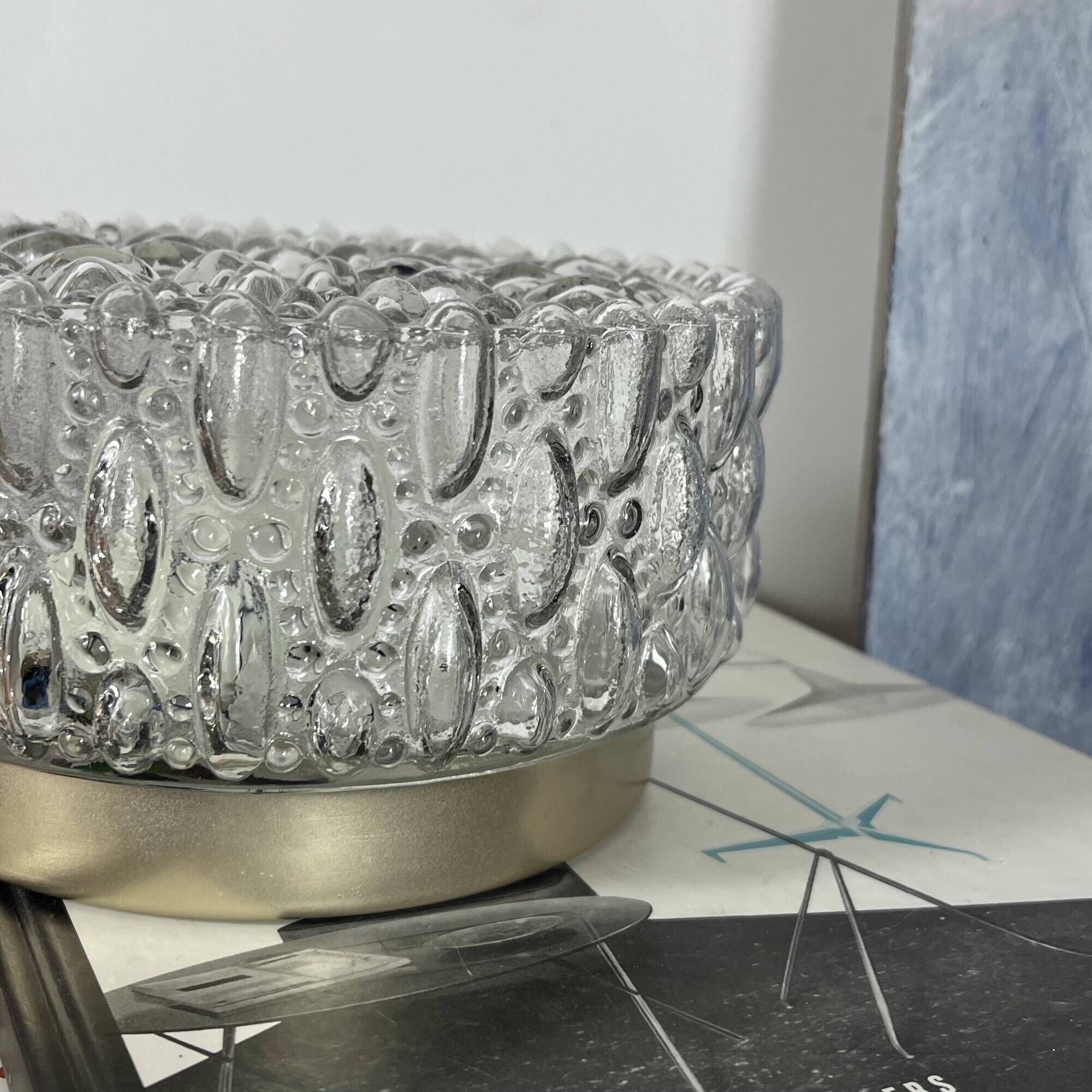Small round wall light ceiling fixture in vintage moulded glass from the 1970s 1980s.