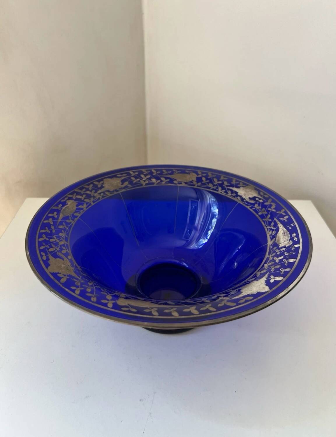 Cobalt blue glass bowl with Art Deco bird decor