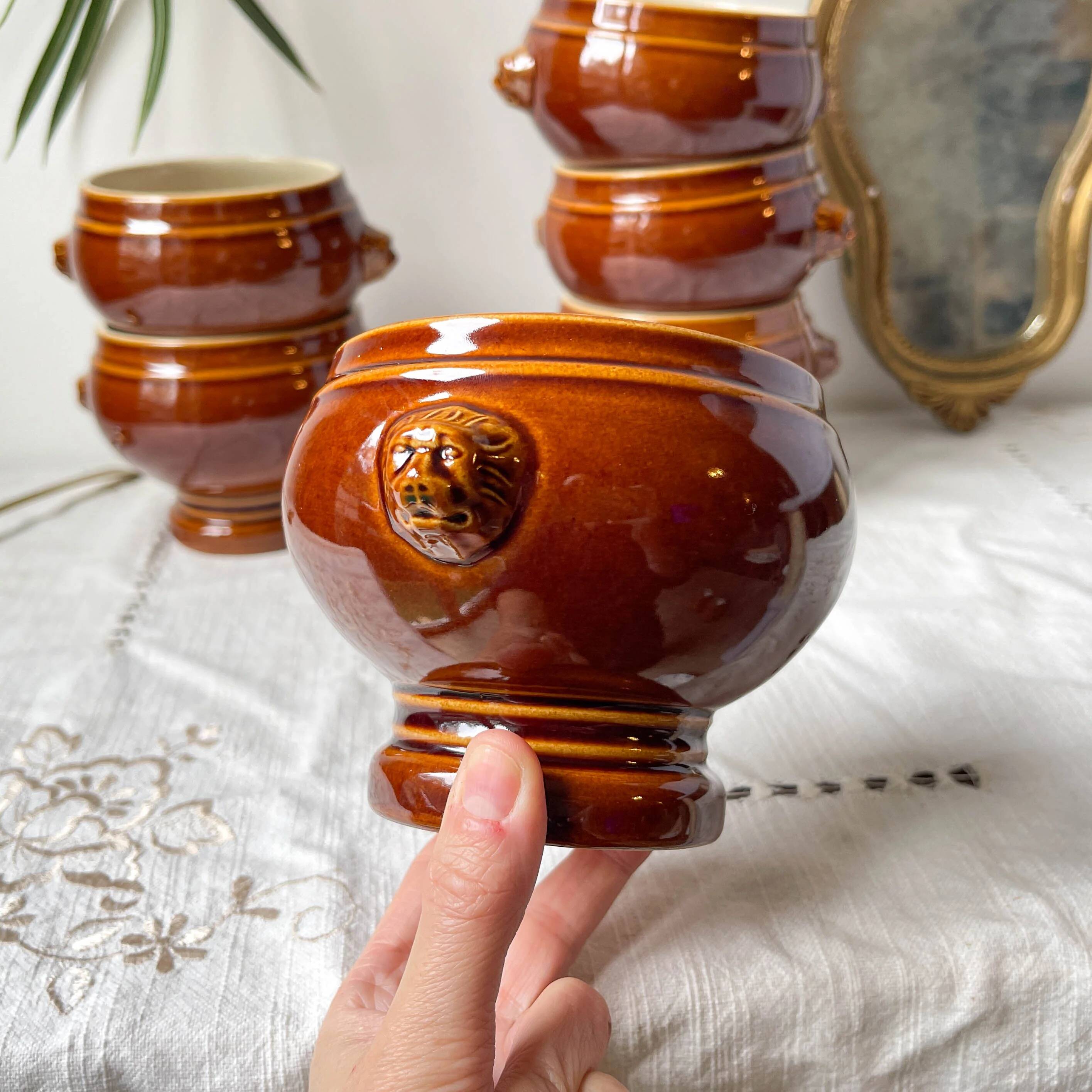 6 lion head bowls in ceramic, vintage brown style Emile Henry, made in France.