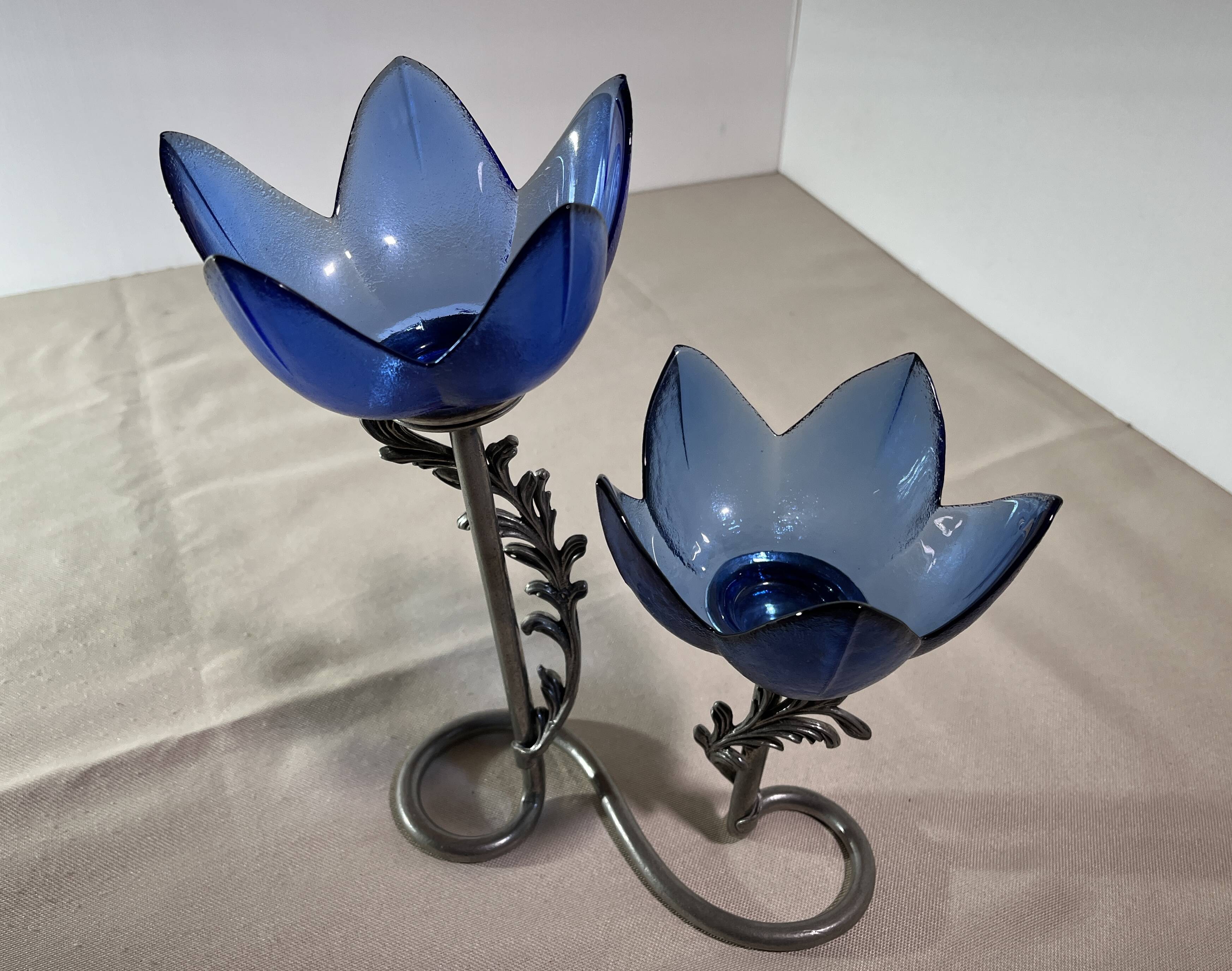 Tin & glass candle holder, floral decoration, signed Jean Goardére.