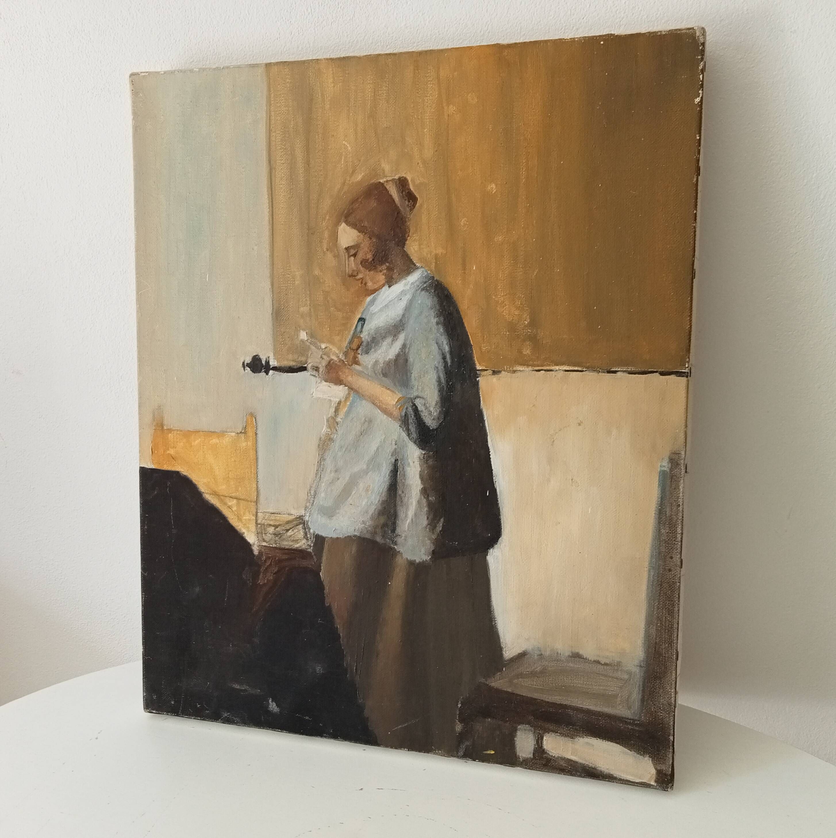 Oil on canvas "Woman in Blue Reading a Letter" after Vermeer