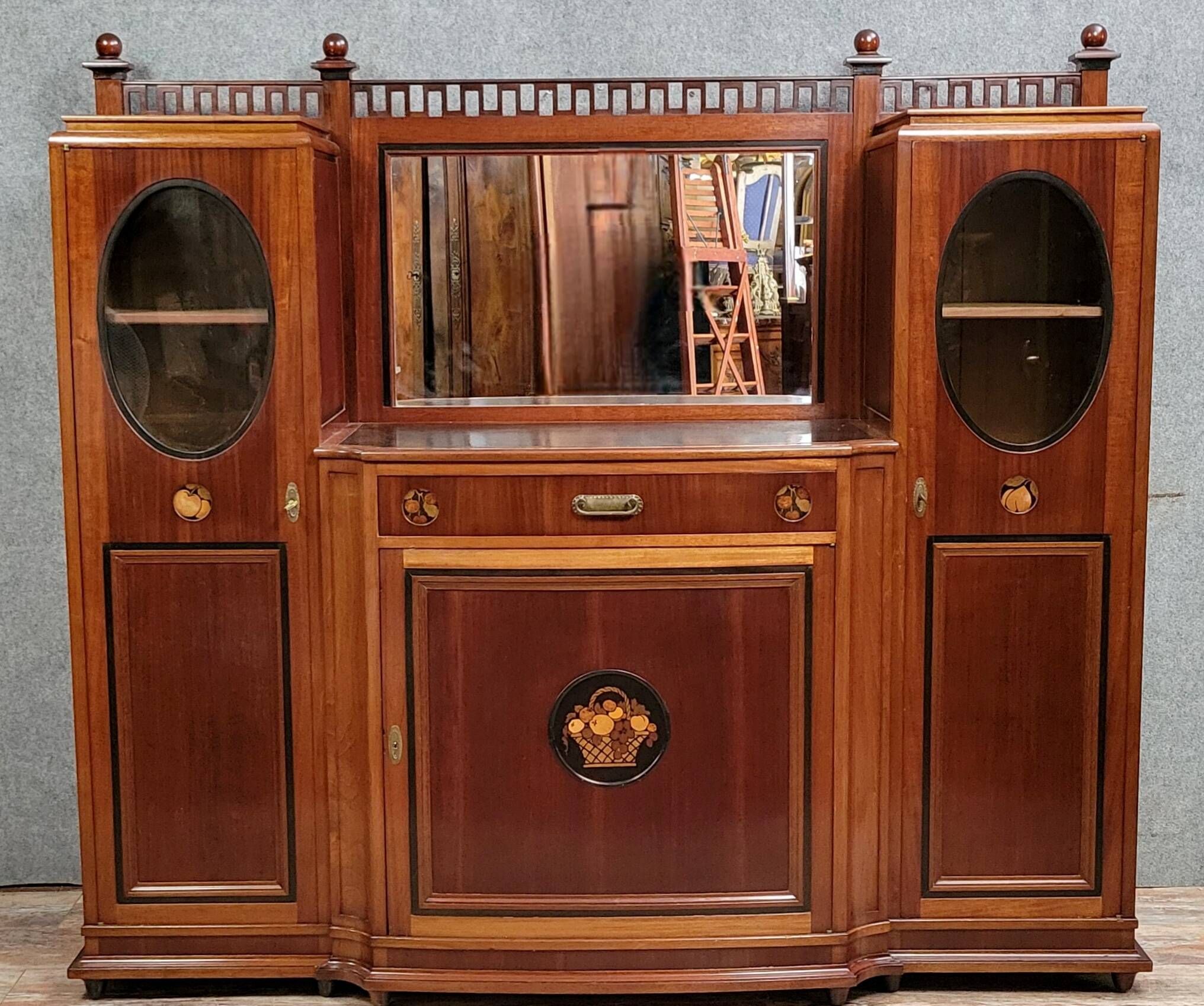 Ecole de Nancy : Grand buffet bibliothèque époque Art Nouveau en acajou