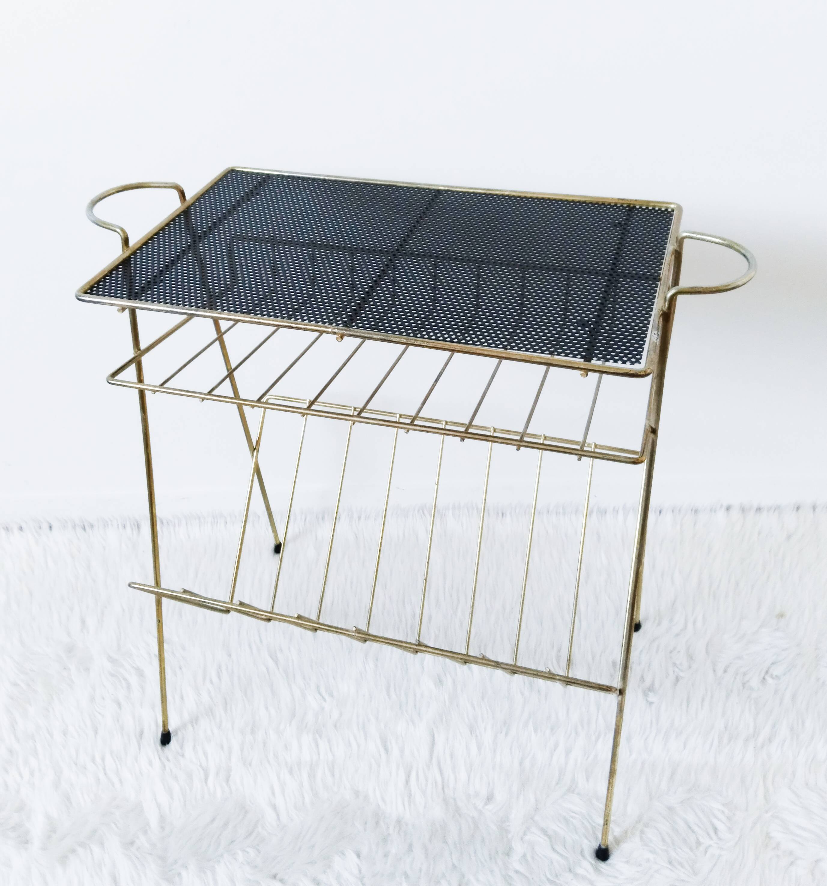 Vinyl record table, record player, magazine rack, 1950s