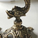 Pair of neoclassical torchlight candlesticks, koi carp, feng shui. in gilded bronze