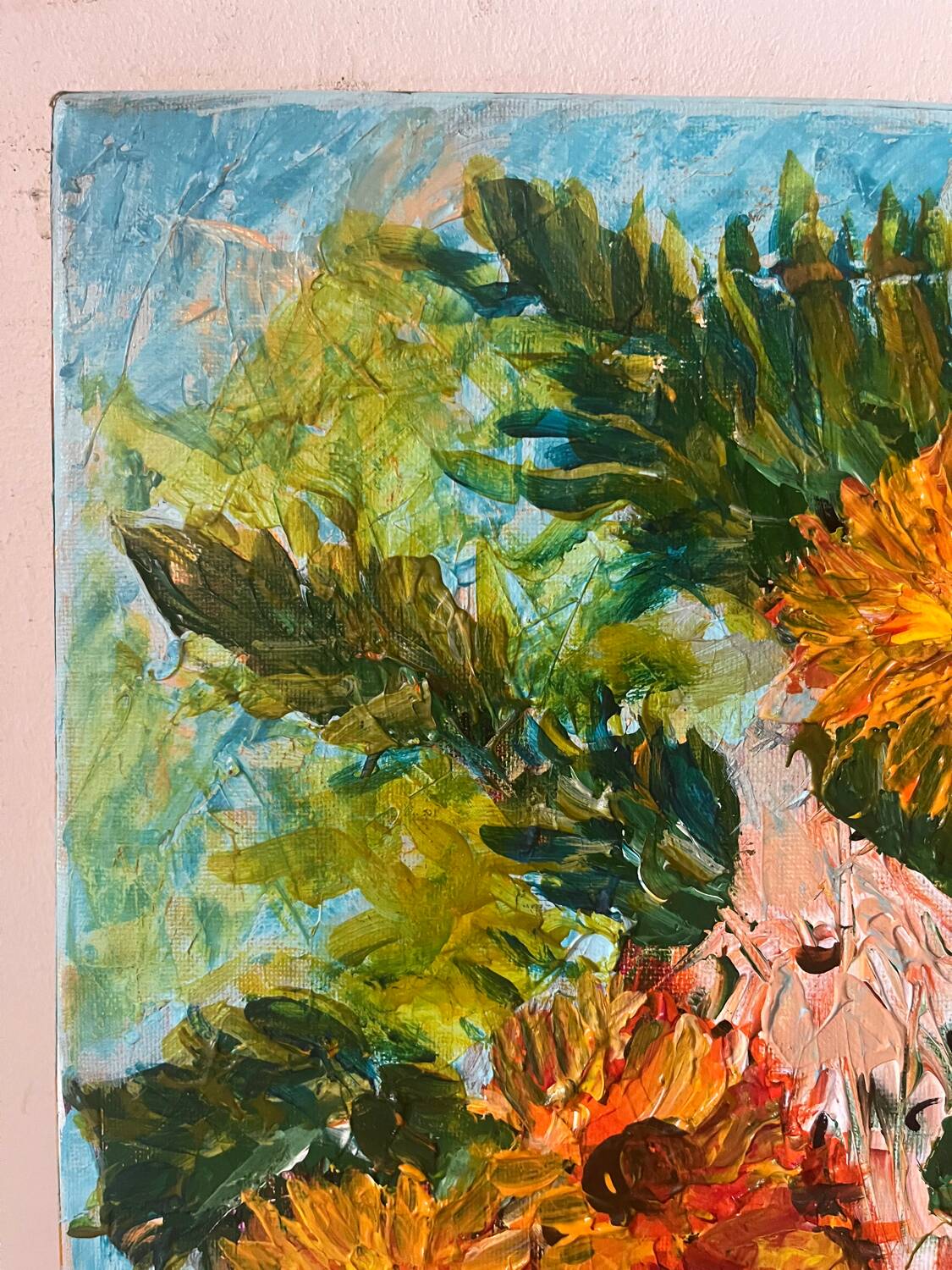 Sunflowers in a blue vase, knife technique, signed
