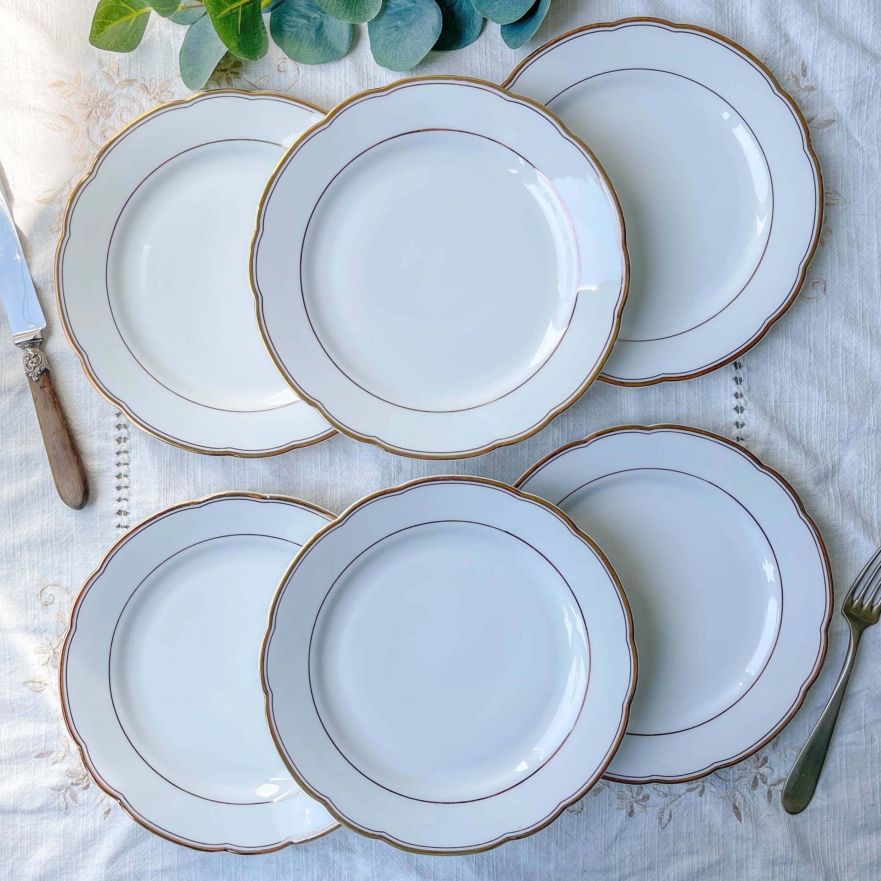6 vintage white and gold porcelain dinner plates Kahla Gbr