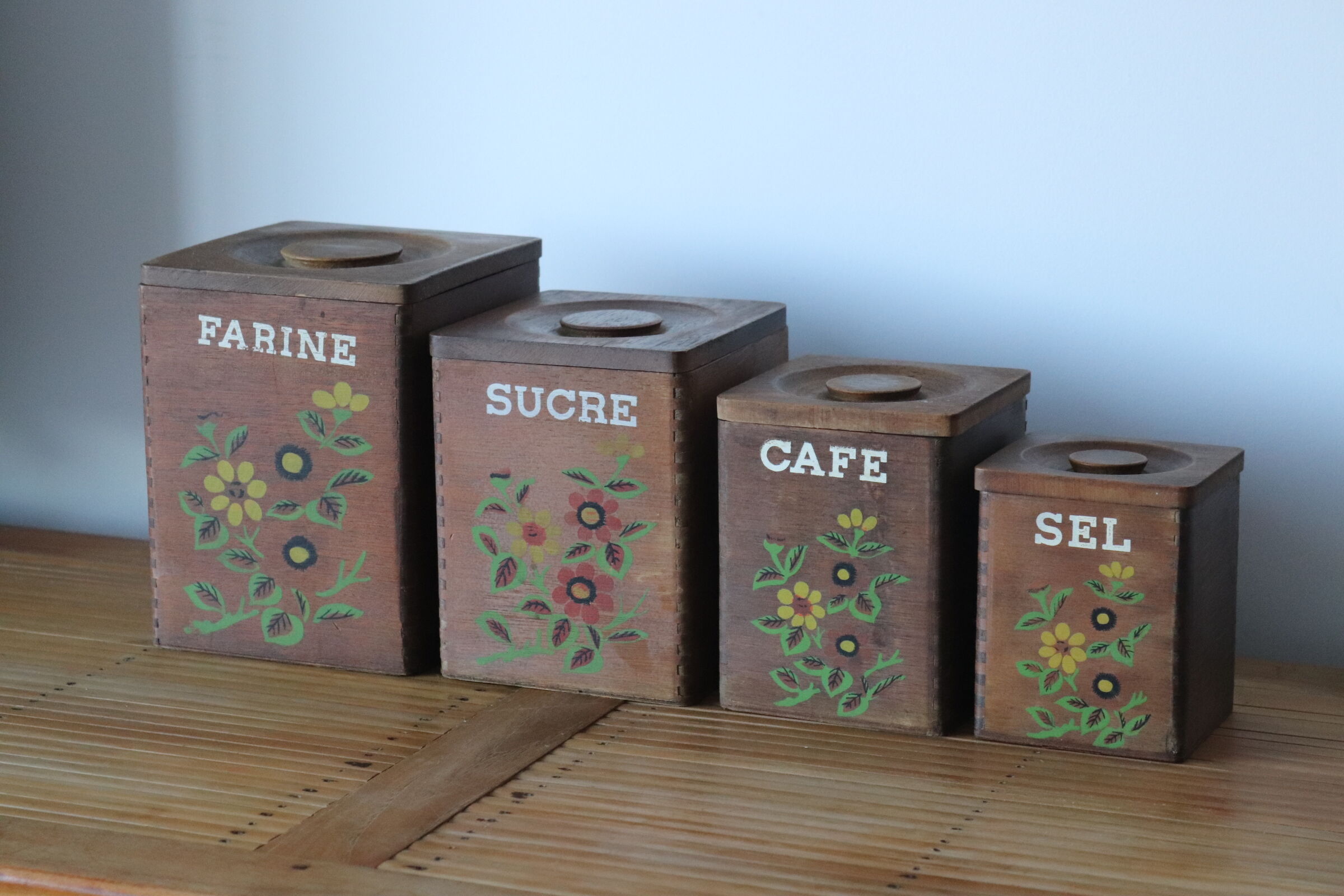 4 vintage wooden spice boxes 70s