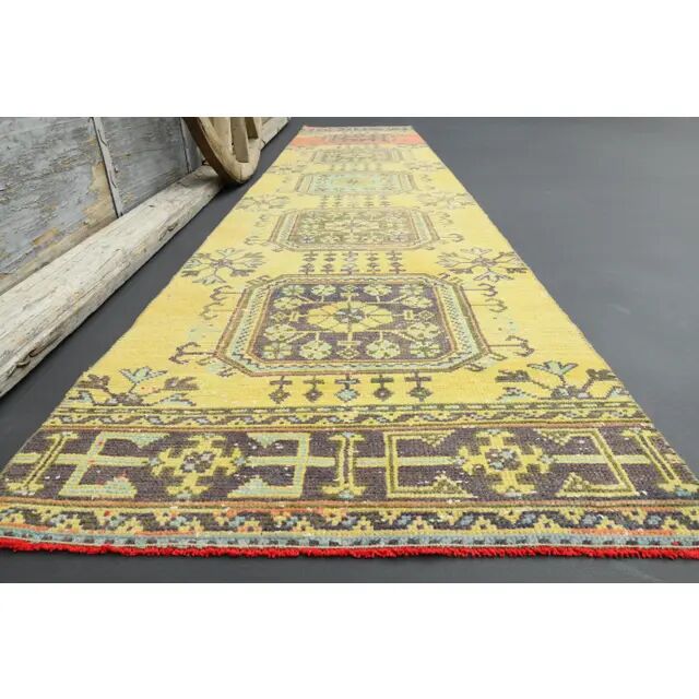 1970s Turkish Oushak Handmade Wool Cotton Yellow Runner 81x362