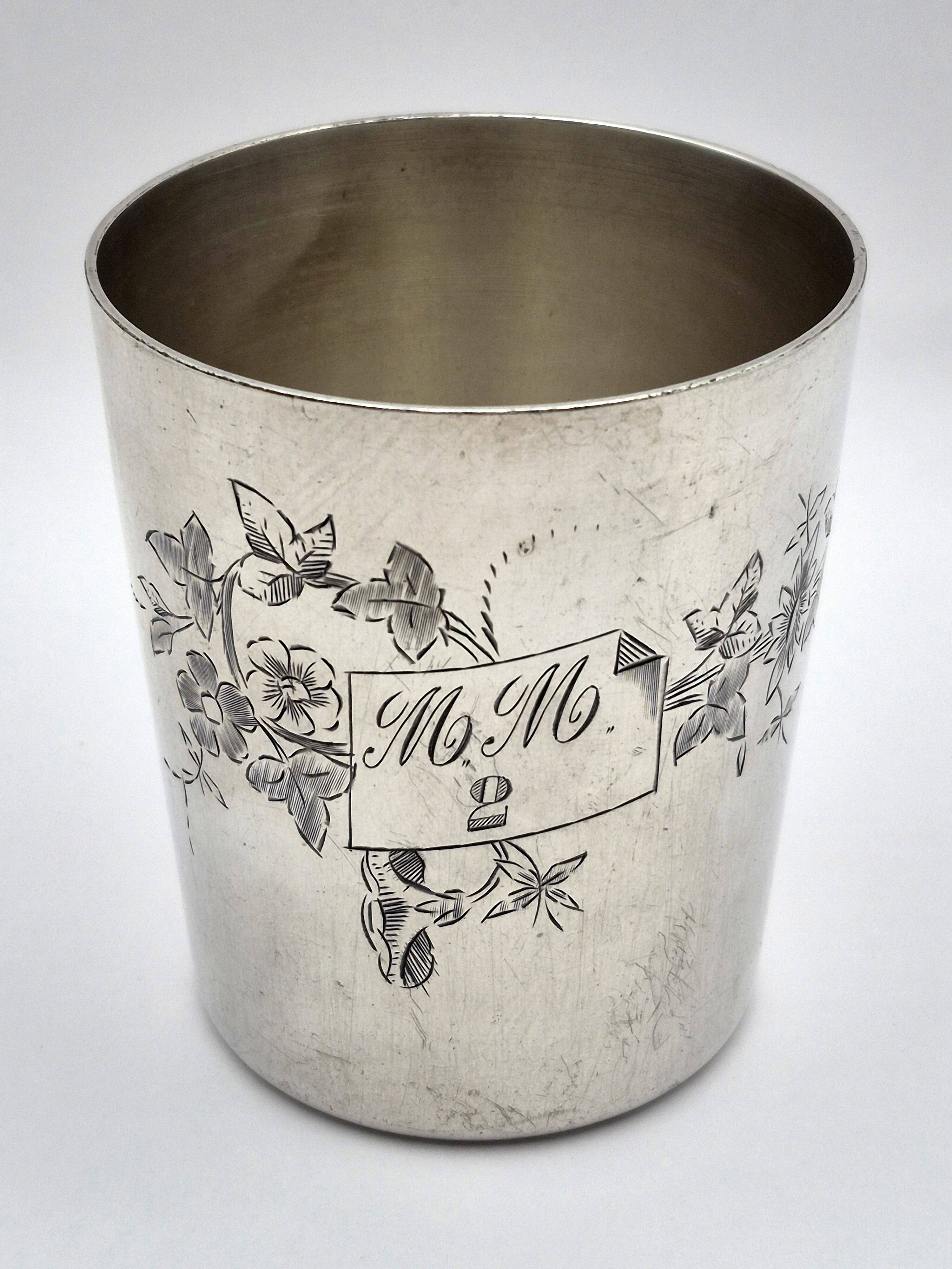 Ercuis silver-plated timbale, engraved floral decoration and monogram m.m – a23