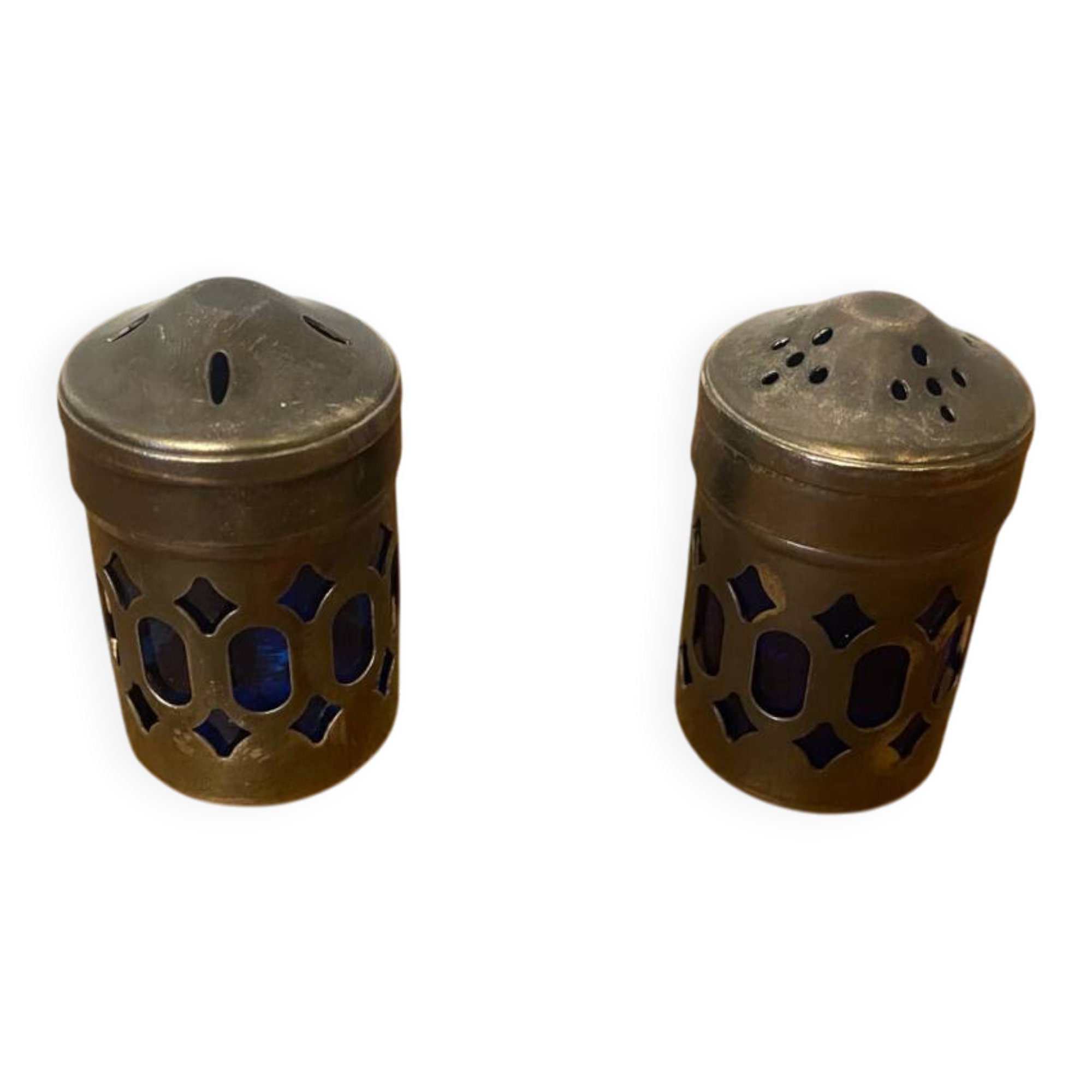 Pair of Antique Silver Metal Salt Cellars + Cobalt Blue Glass Salt and Pepper Shakers