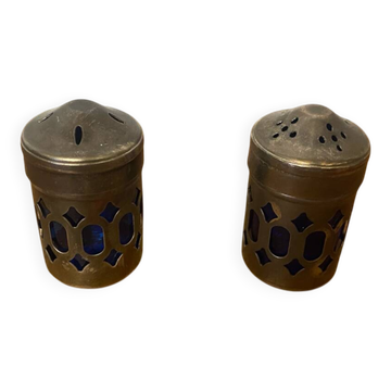 Pair of Antique Silver Metal Salt Cellars + Cobalt Blue Glass Salt and Pepper Shakers