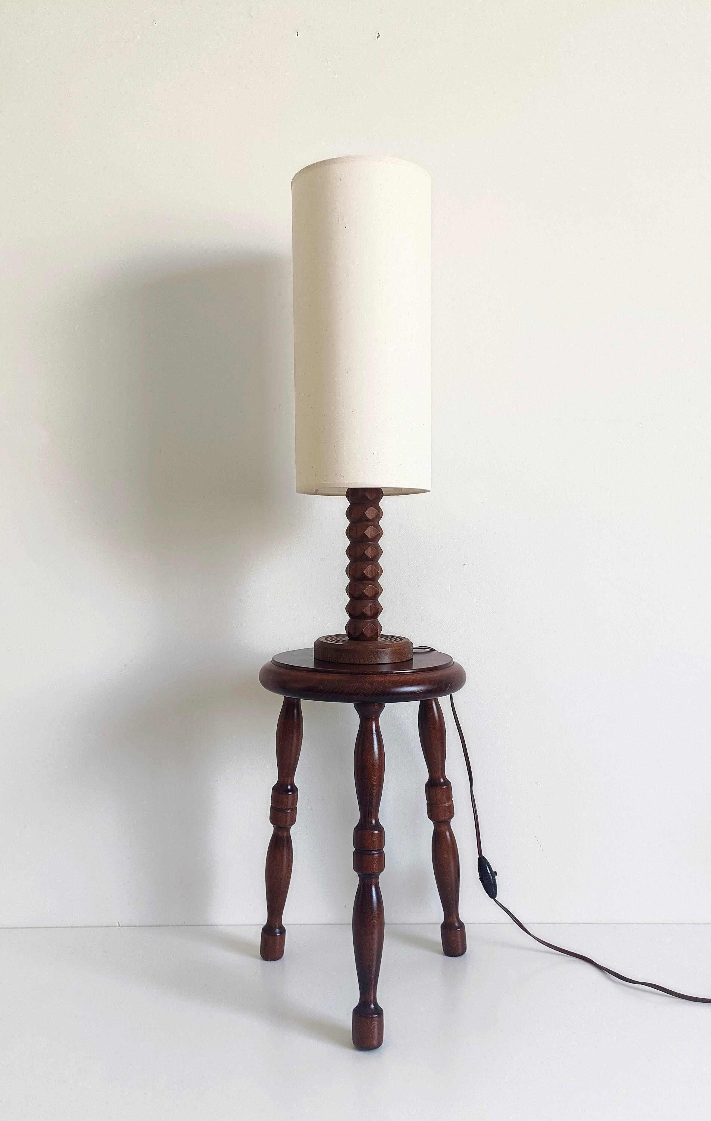 French Turned Chestnut Wood Stool or Side Table, Mid-20th Century