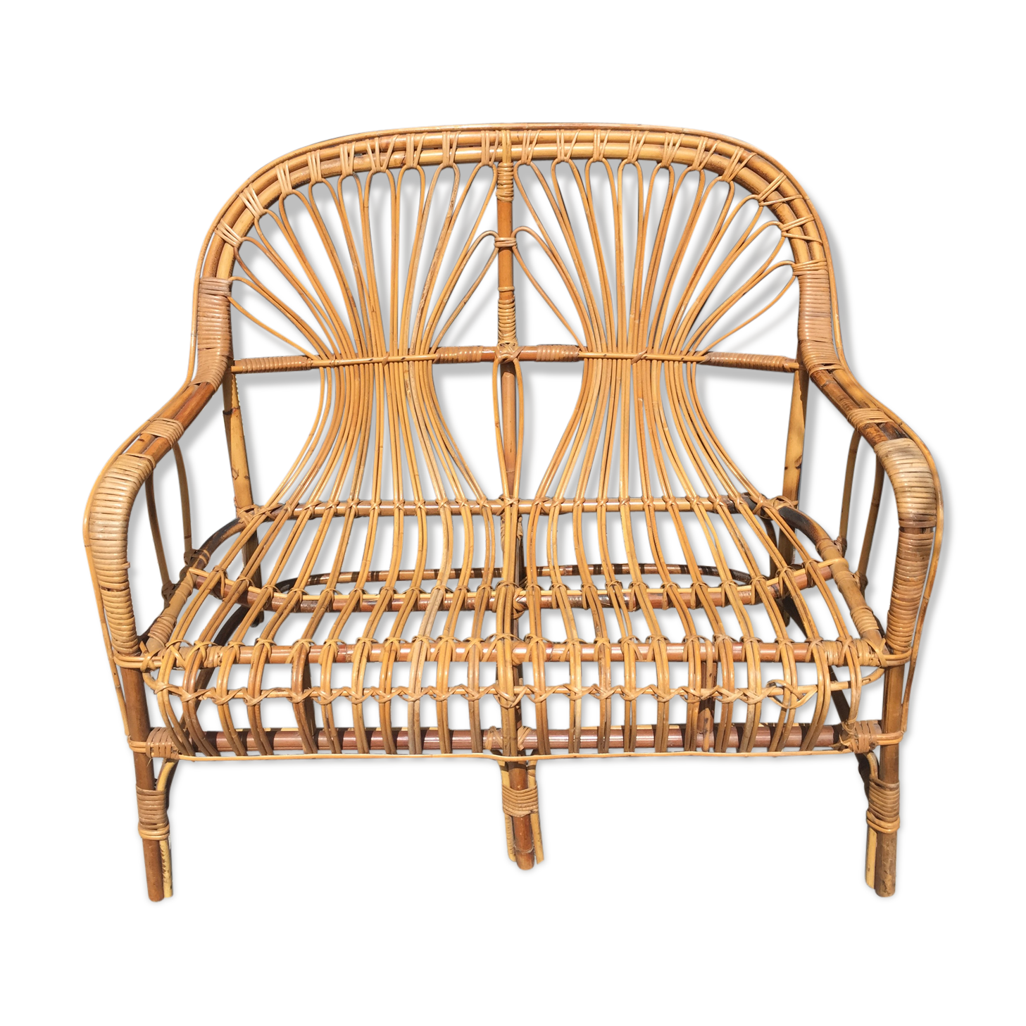 Vintage rattan and bamboo bench