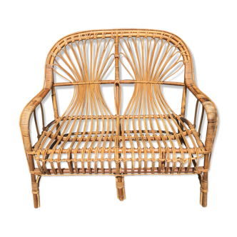 Vintage rattan and bamboo bench