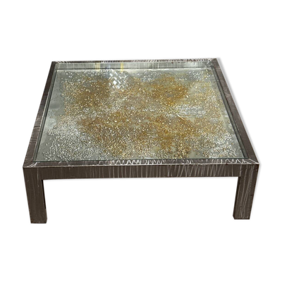Rare Jenkell dite ''Jenk'' - Table basse unique signée en métal, verre et toile enchâssée