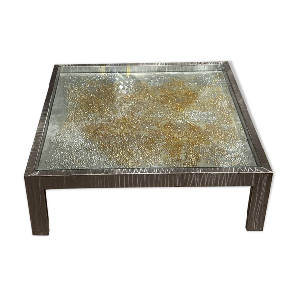 Rare Jenkell dite ''Jenk'' - Table basse unique signée en métal, verre et toile enchâssée