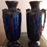 Paire de vases en grés émaillé bleu brillant et glaçure marron. art nouveau.