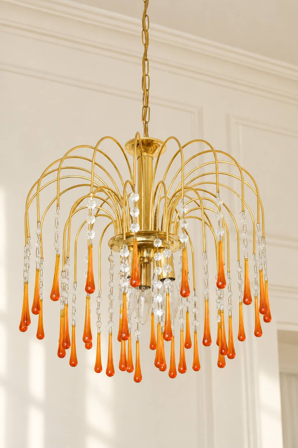 Vintage chandelier with amber pendants, Murano style.