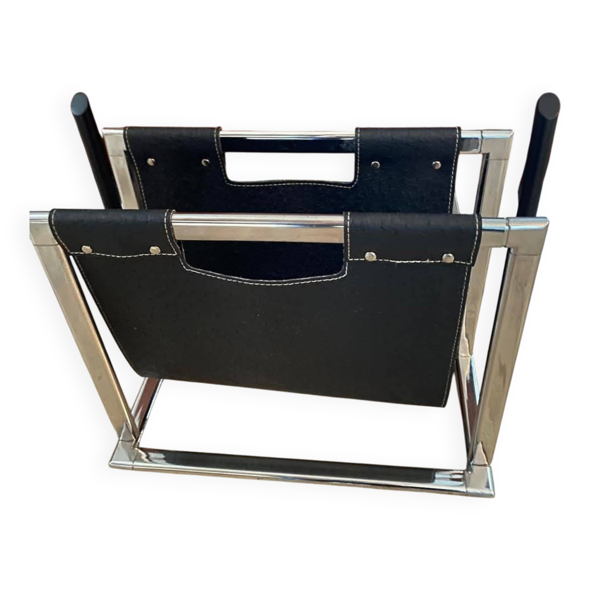 Chrome metal and leather magazine rack