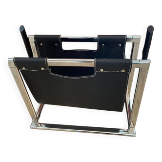 Chrome metal and leather magazine rack