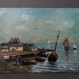 Oil on panel marine scene signed 20th century gilt leaf frame