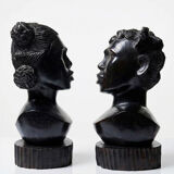 Couple of Malagasy busts in dark exotic wood, carved, craftsmanship from the 1940s to 1970s.