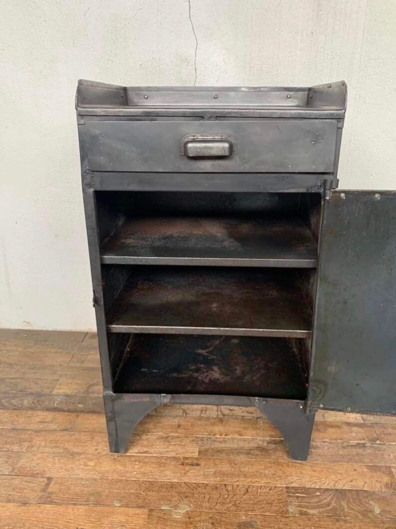 Old Industrial workshop furniture with 1 door 1 drawer in patinated iron