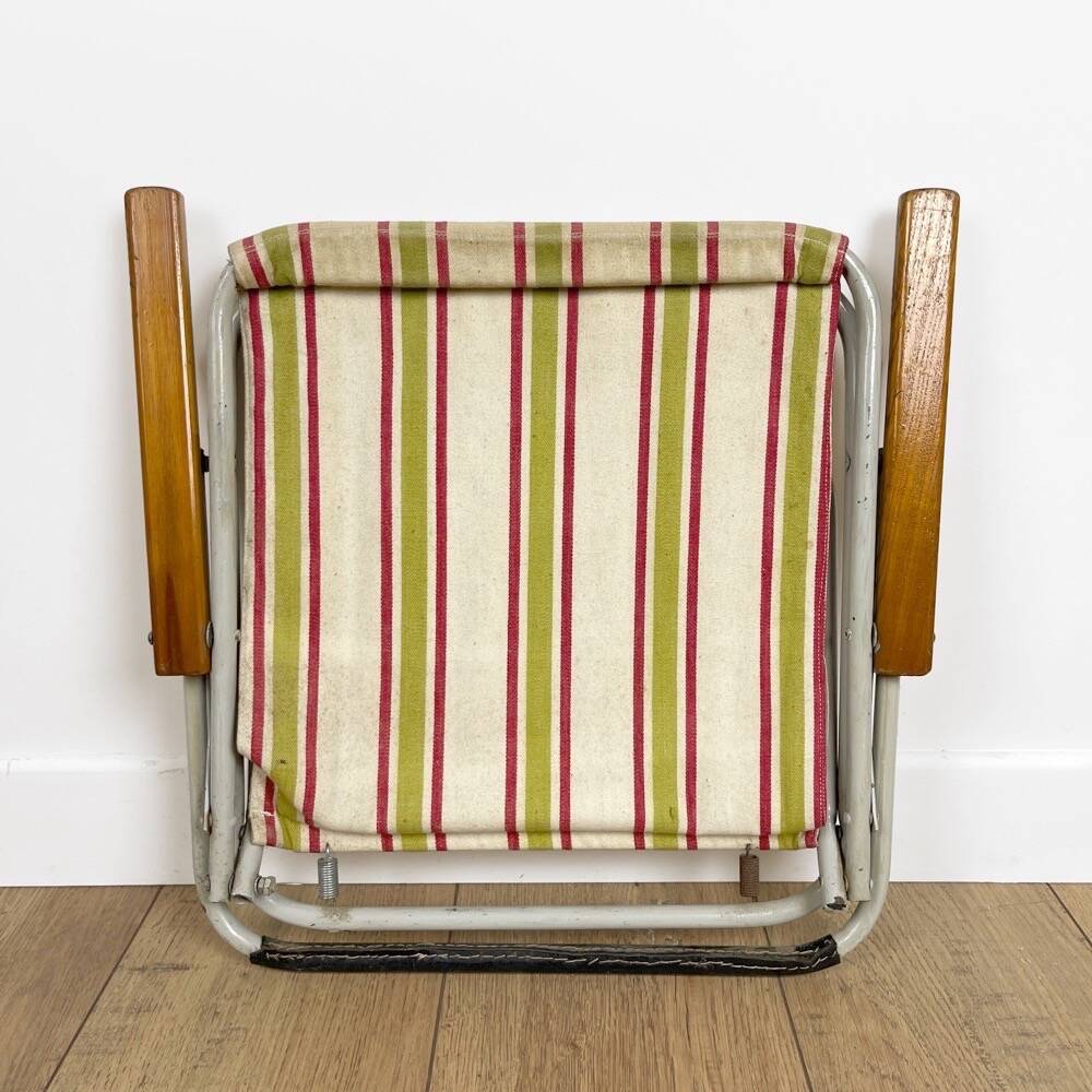 Vintage children's folding armchair in metal and striped canvas
